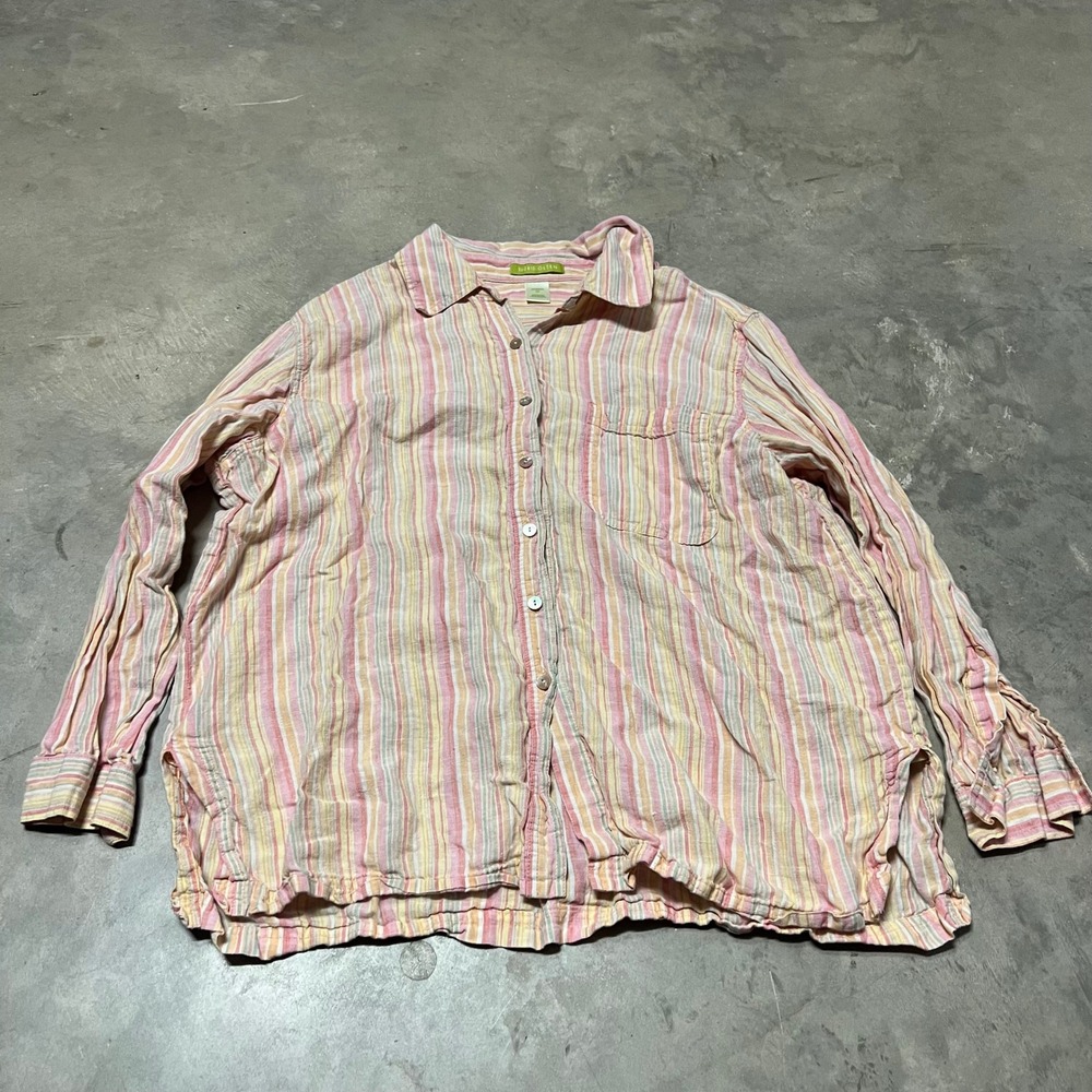 Sigrid Olsen Women 2X Linen Striped Button Down Shirt Pink Orange SOLUC5252